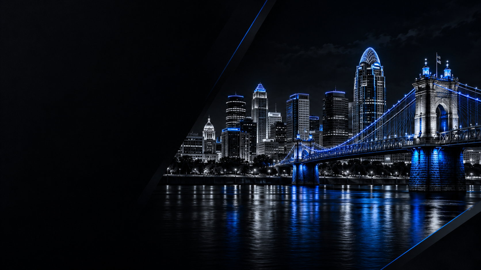 Cincinnati skyline and Roebling Suspension Bridge at night in Streetline blue